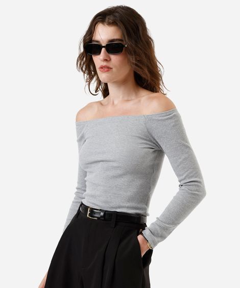 blusa ombro a ombro feminina com algodão manga longa canelada cinza