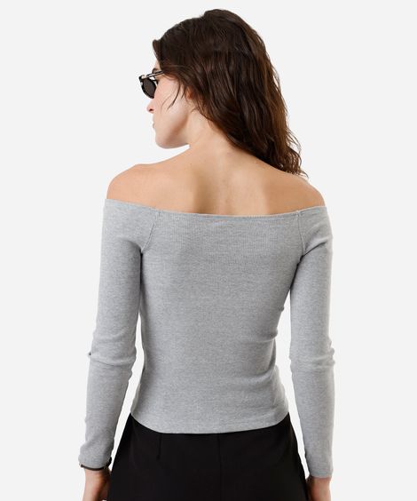 blusa ombro a ombro feminina com algodão manga longa canelada cinza