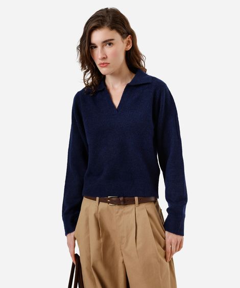 polo básica feminina de tricot manga longa azul