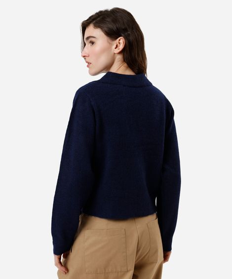 polo básica feminina de tricot manga longa azul