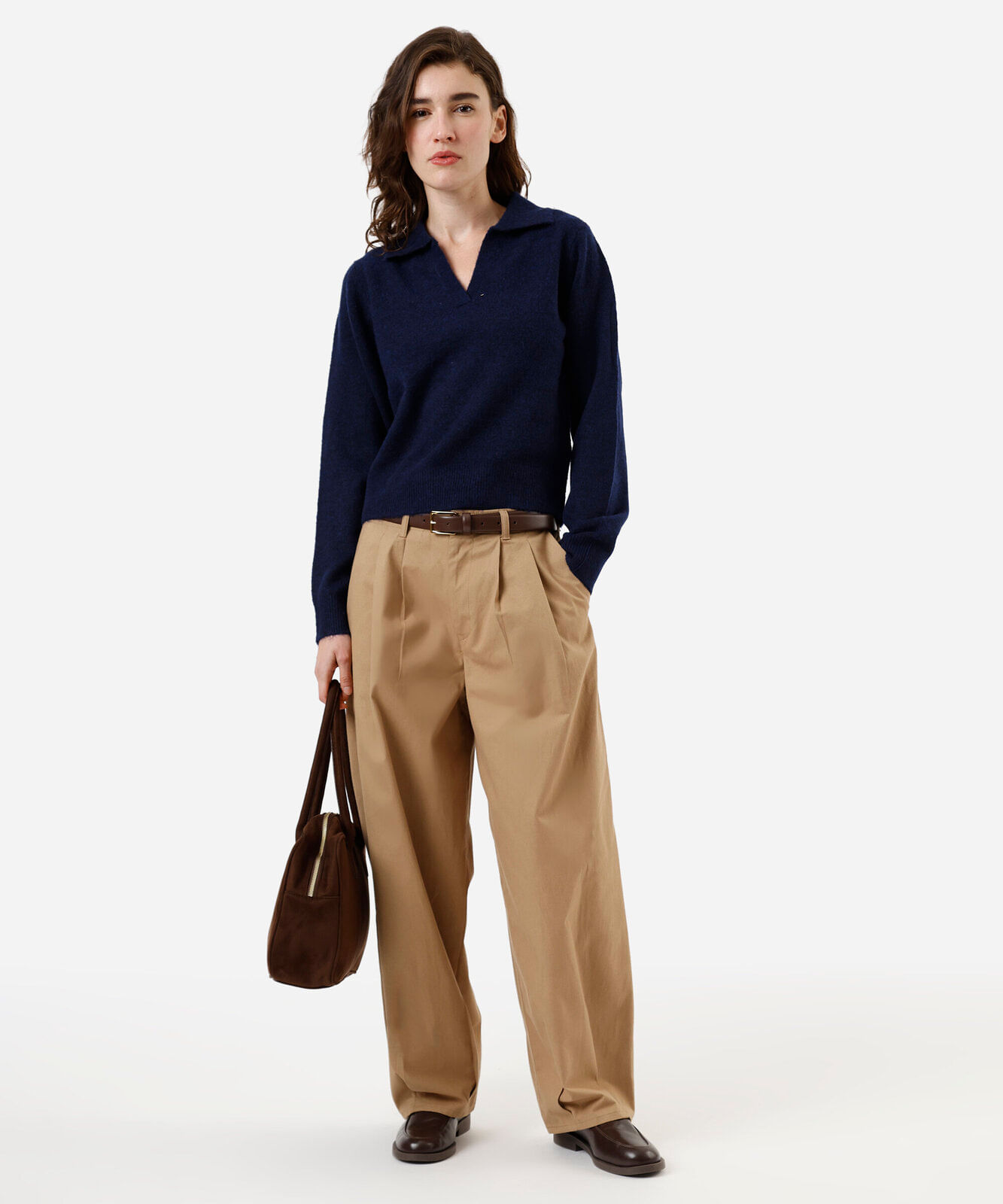 polo básica feminina de tricot manga longa azul