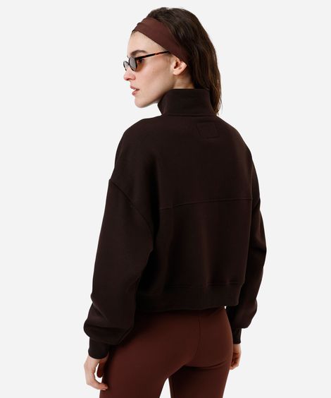 blusão feminino de moletom gola alta com zíper recorte e nervura marrom
