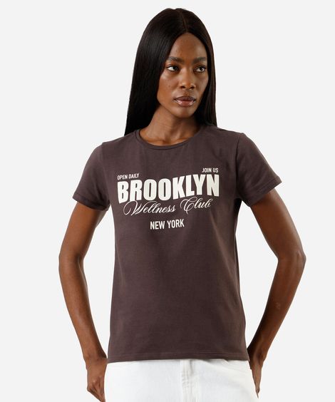 camiseta feminina de algodão manga curta estampada marrom