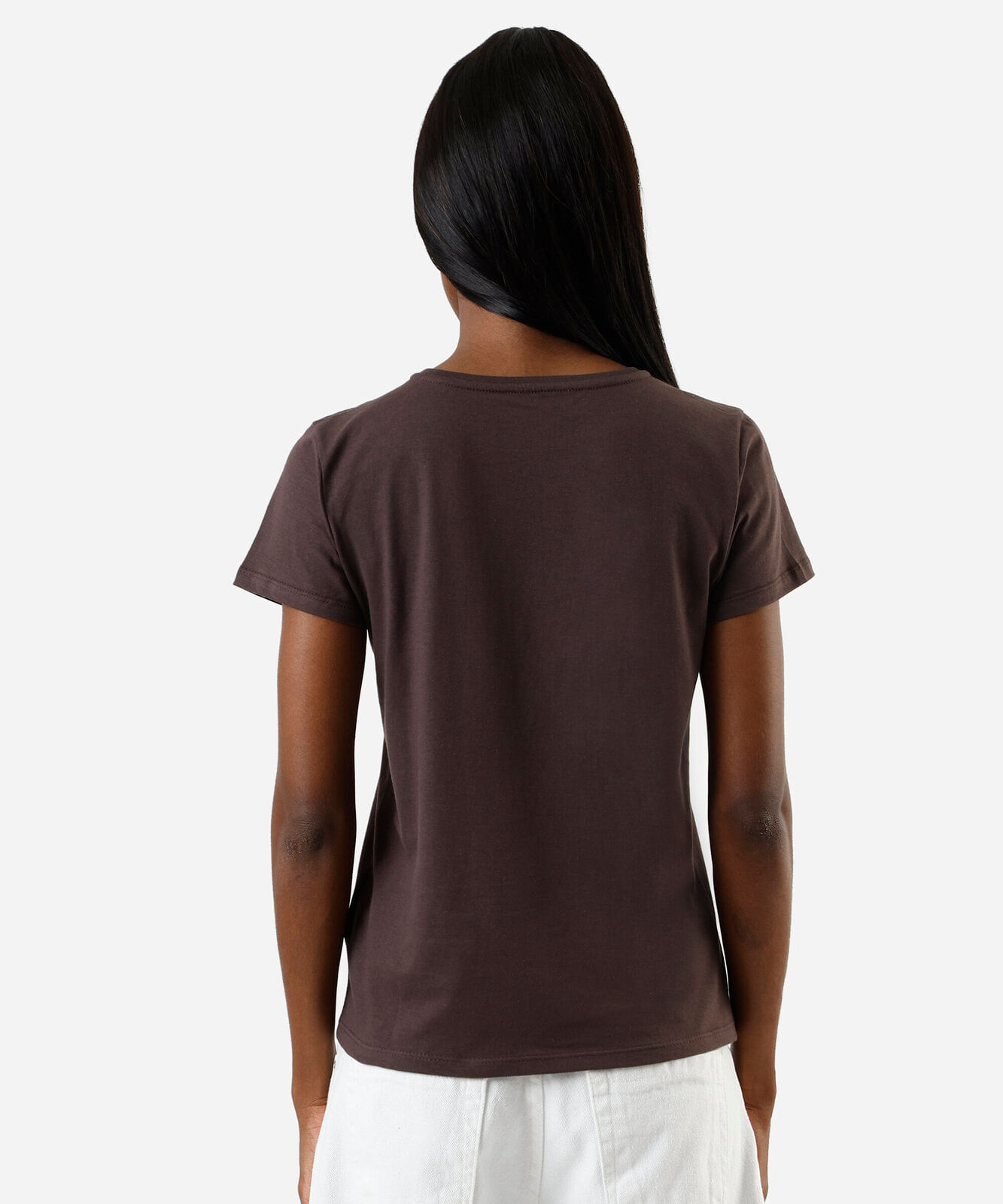 camiseta feminina de algodão manga curta estampada marrom