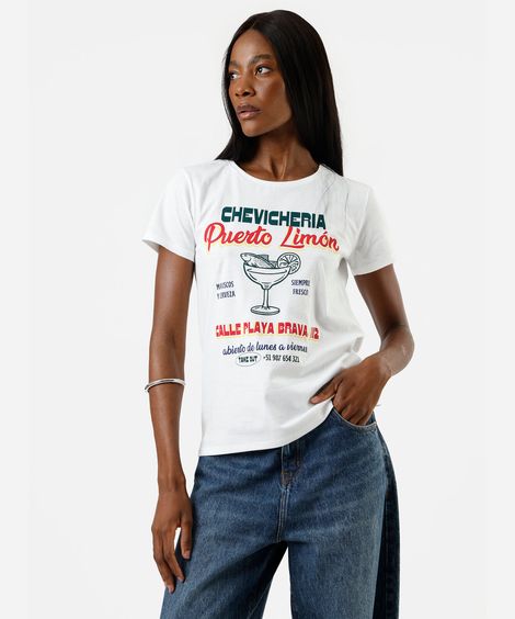 camiseta feminina de algodão manga curta estampada off white