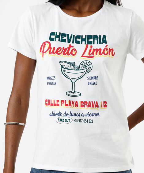 camiseta feminina de algodão manga curta estampada off white