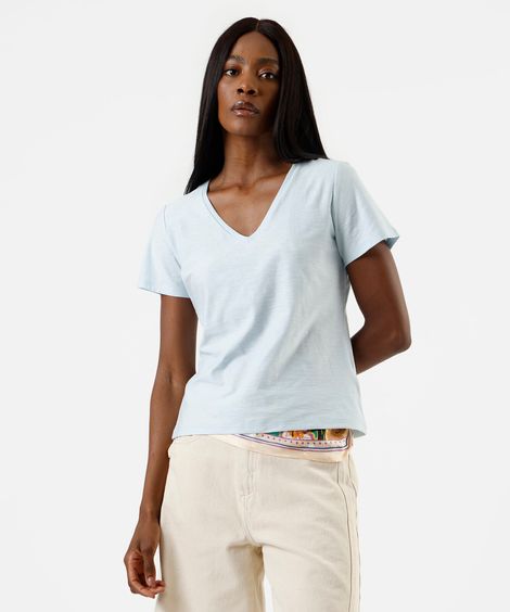 blusa básica feminina de algodão peruano manga curta decote v azul