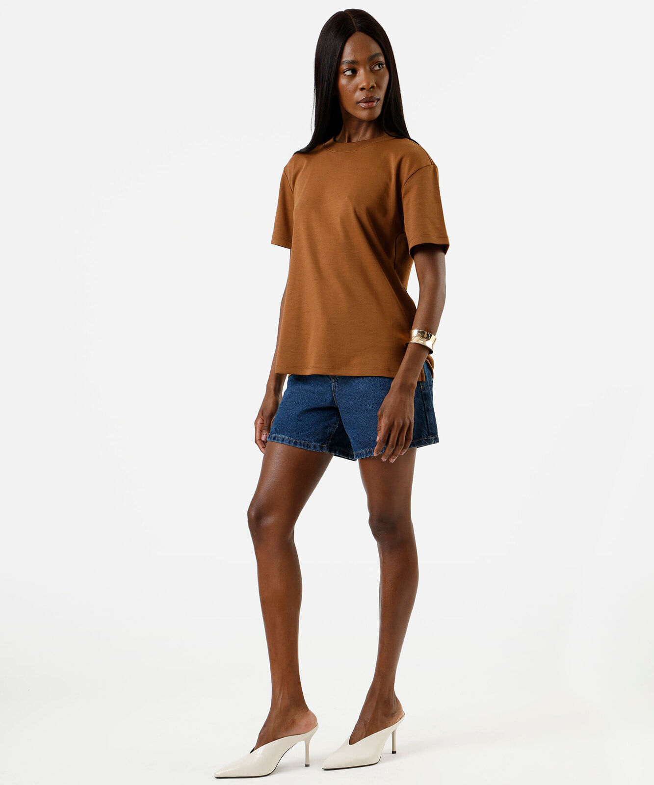camiseta oversized feminina de algodão peruano interlock bege