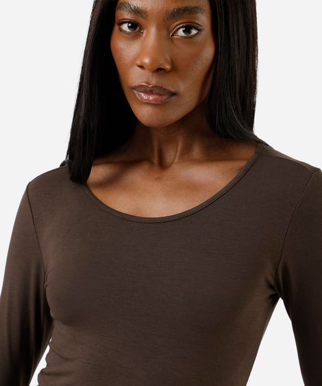 blusa feminina básica manga longa decote redondo marrom
