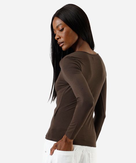 blusa feminina básica manga longa decote redondo marrom