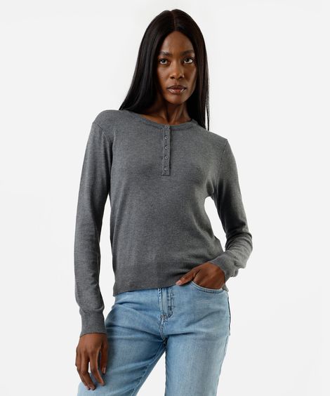 blusa feminina de tricot decote redondo  manga longa cinza