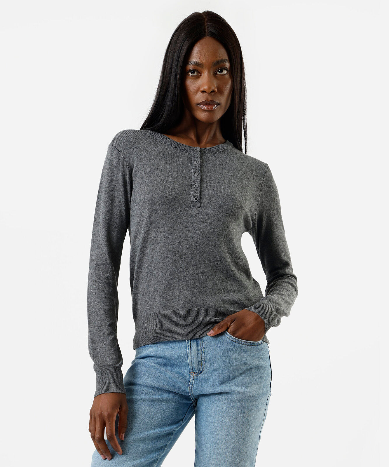 blusa feminina de tricot decote redondo  manga longa cinza