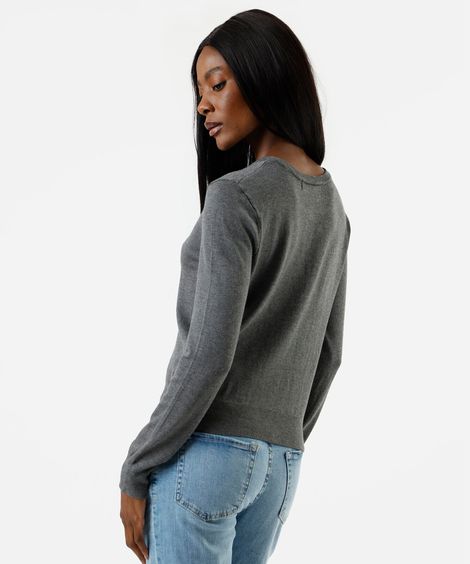 blusa feminina de tricot decote redondo  manga longa cinza