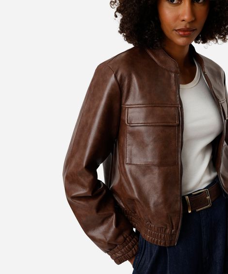 jaqueta bomber feminina de pu com bolsos marrom