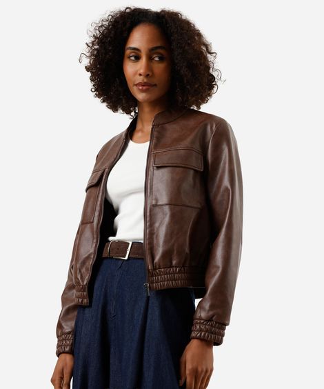 jaqueta bomber feminina de pu com bolsos marrom