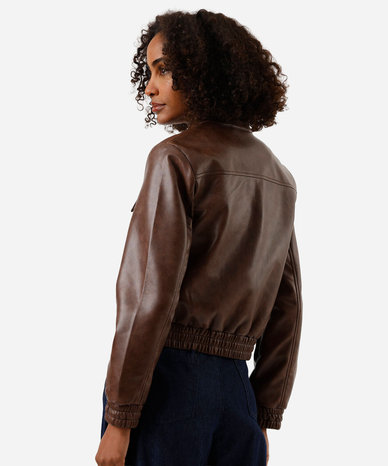 jaqueta bomber feminina de pu com bolsos marrom