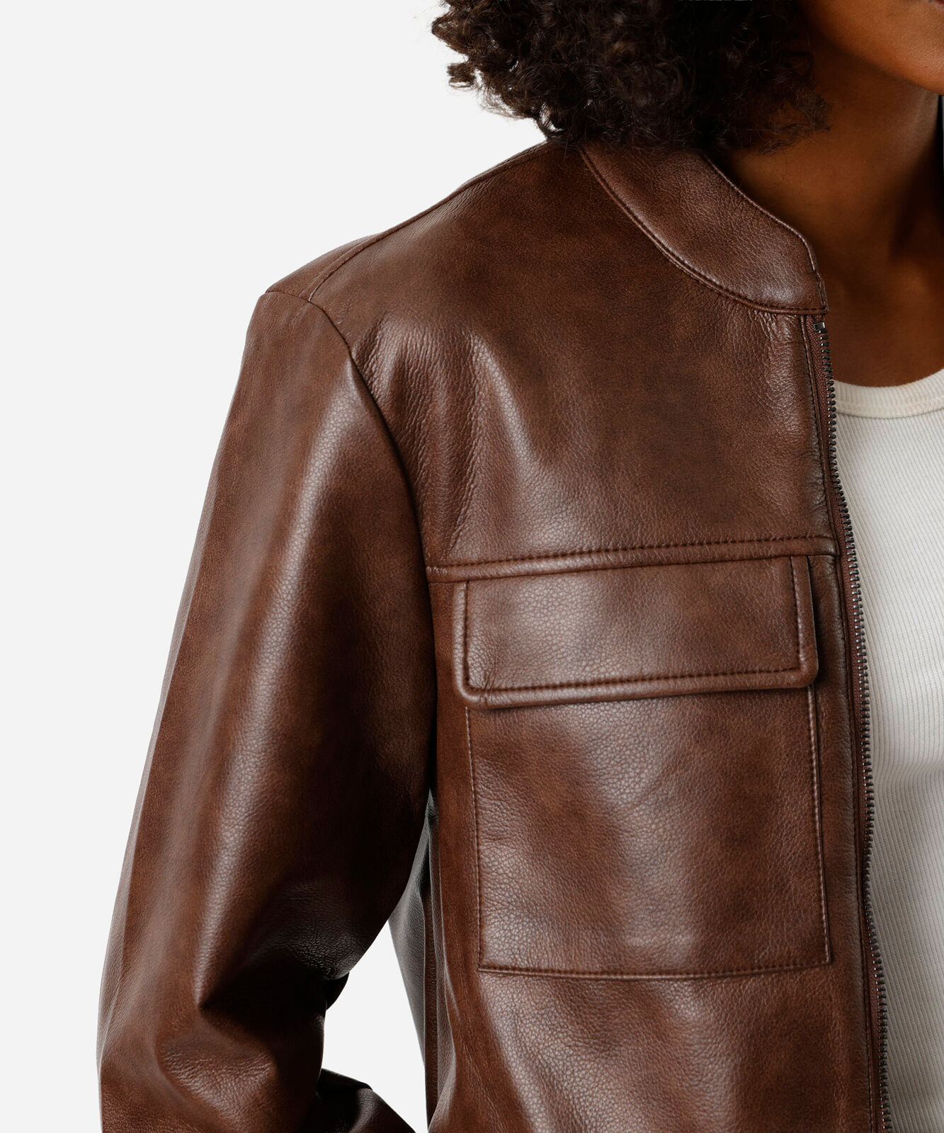 jaqueta bomber feminina de pu com bolsos marrom