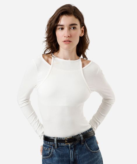 blusa feminina de viscose manga longa com sobreposição off white