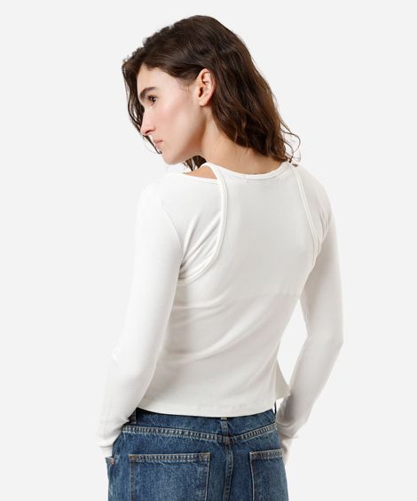 blusa feminina de viscose manga longa com sobreposição off white