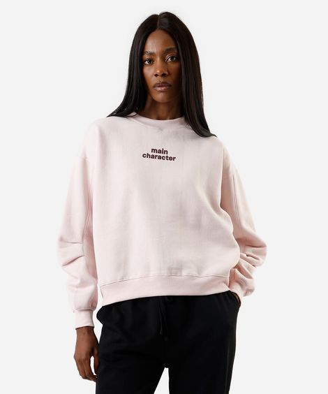 blusão oversized feminino de moletom com pregas estampado rosa