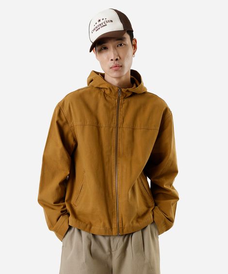 jaqueta masculina de sarja com capuz marrom