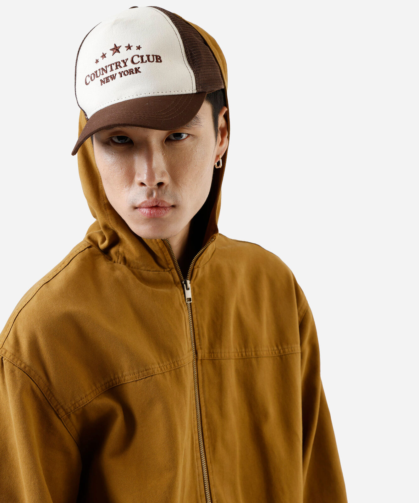 jaqueta masculina de sarja com capuz marrom