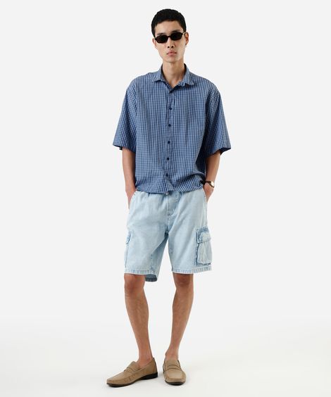 bermuda cargo masculina jeans cós elástico azul