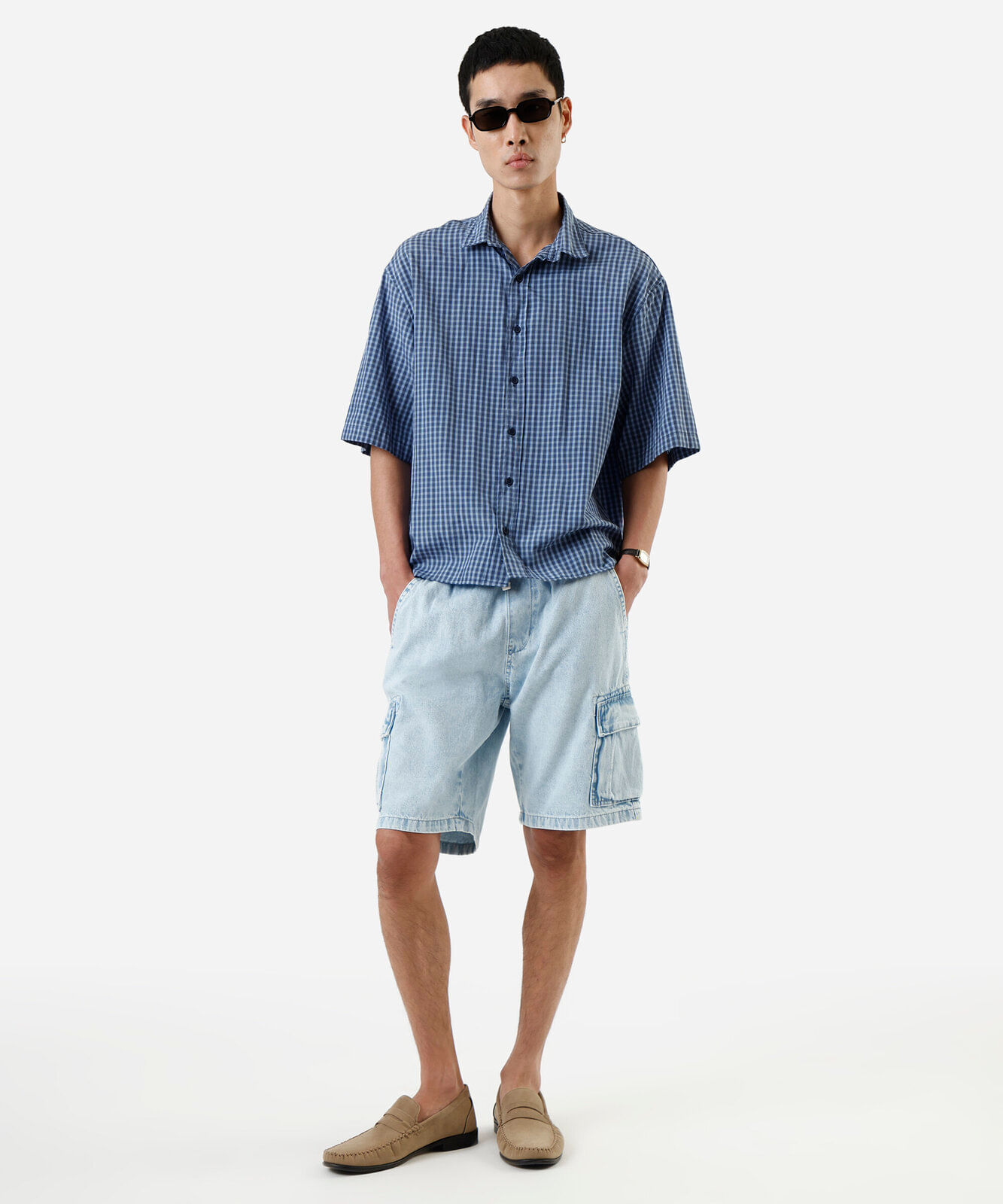 bermuda cargo masculina jeans cós elástico azul
