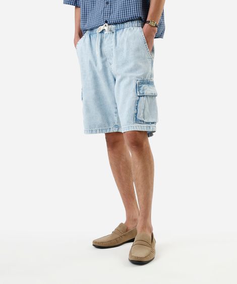 bermuda cargo masculina jeans cós elástico azul