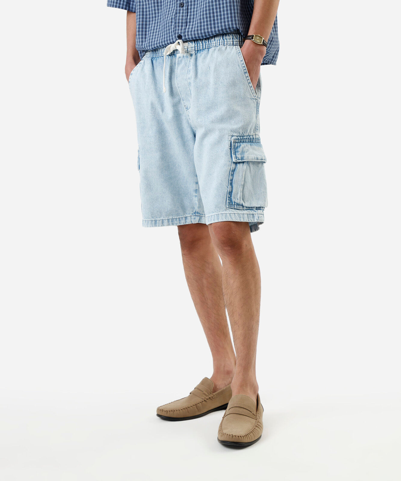 bermuda cargo masculina jeans cós elástico azul