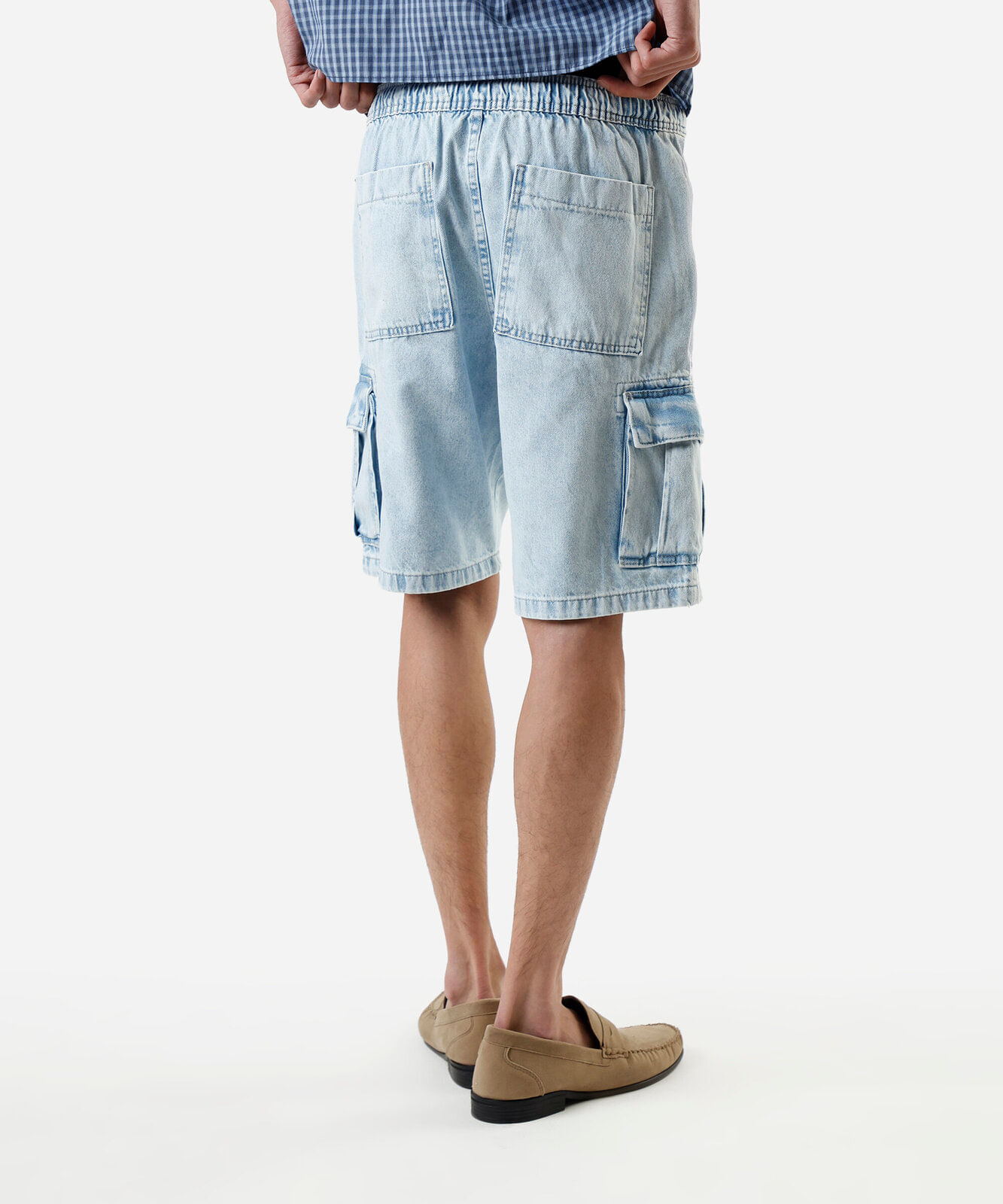 bermuda cargo masculina jeans cós elástico azul