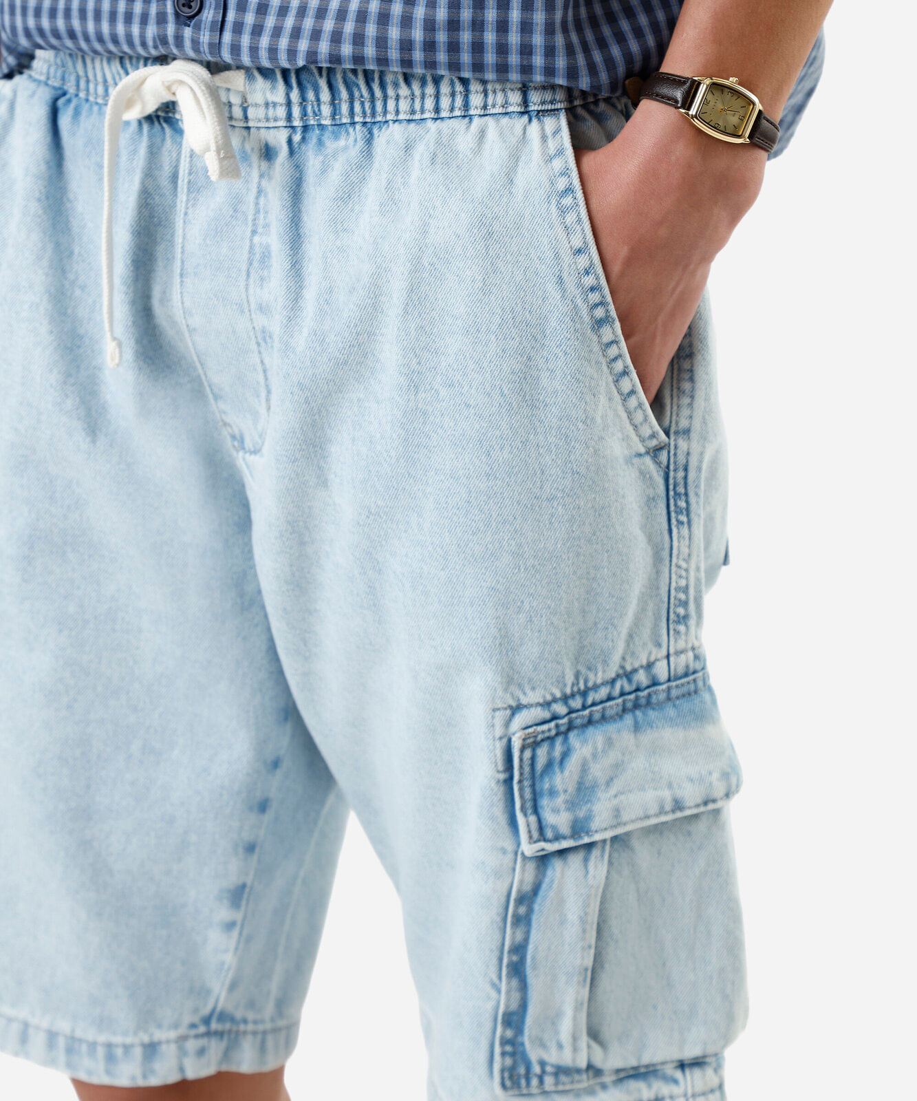 bermuda cargo masculina jeans cós elástico azul