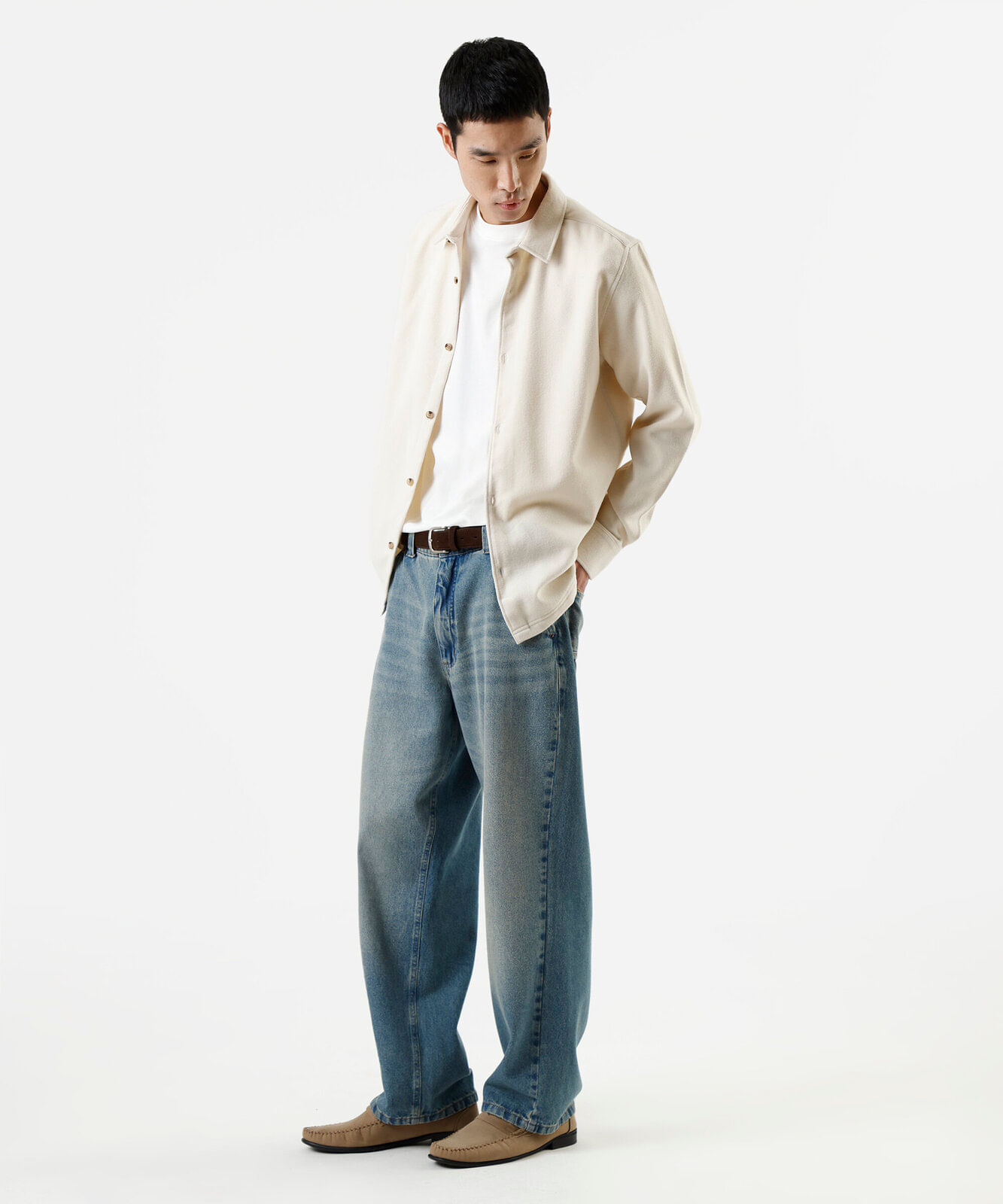 camisa masculina com lã manga longa bege