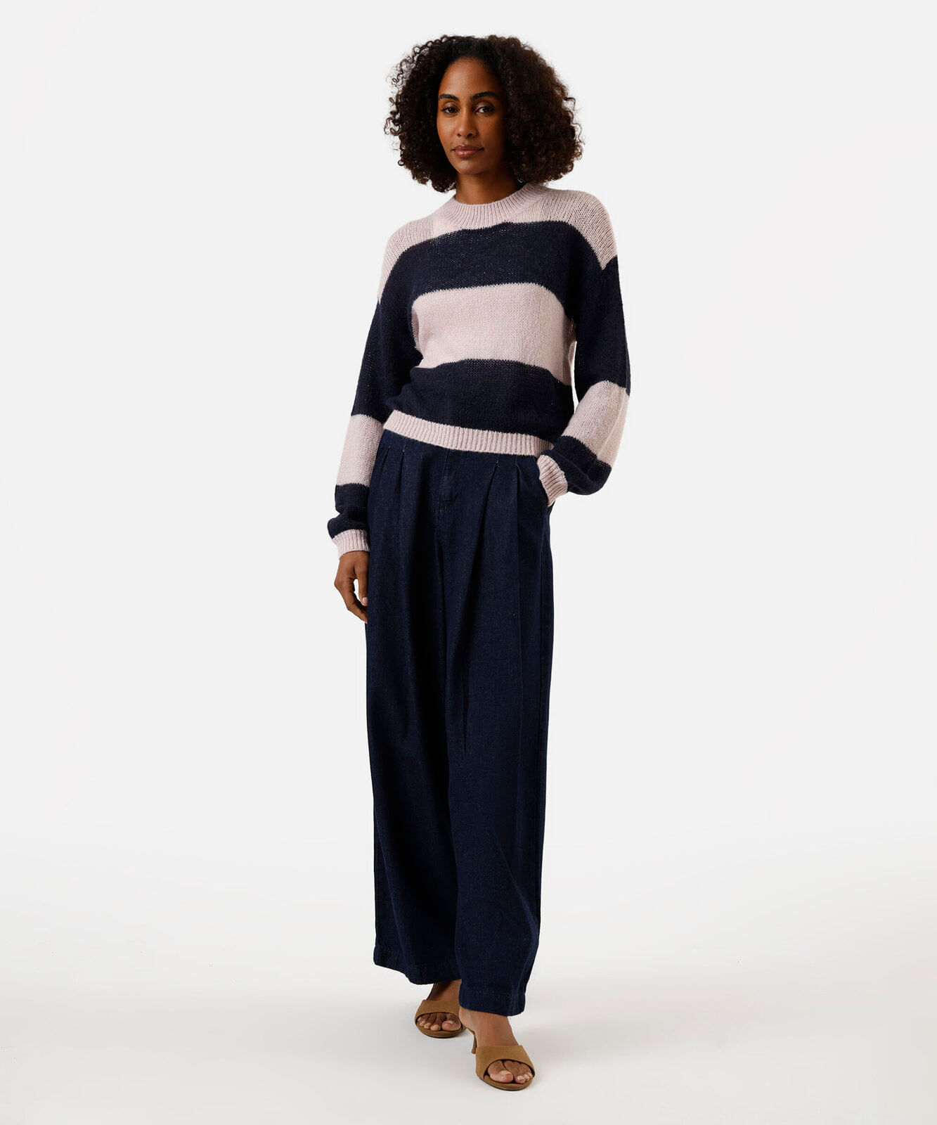 suéter feminino de tricot com lã listrado azul