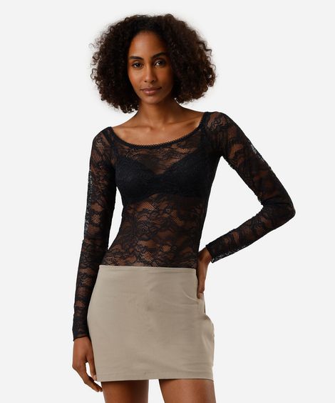 body feminino de renda ombro a ombro manga longa floral preto