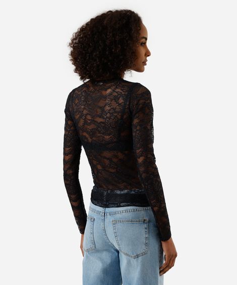blusa segunda pele feminina de renda manga longa floral preta