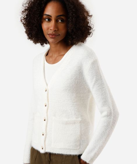 cardigan feminino de tricot com bolsos texturizado off white