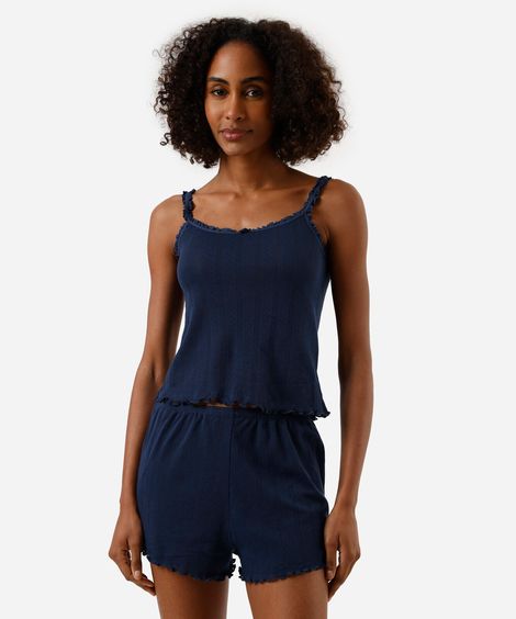 pijama short doll feminino texturizado com frufru azul