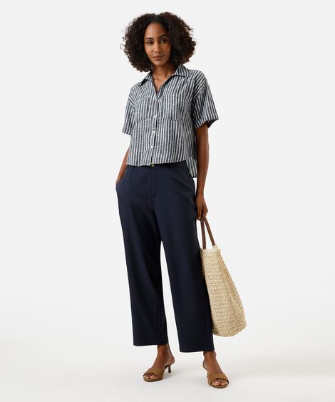 calça reta de alfaiataria feminina cós largo azul