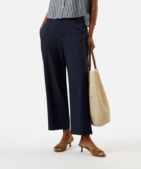 calça reta de alfaiataria feminina cós largo azul