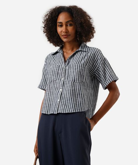 camisa feminina de algodão com bolsos listrada azul