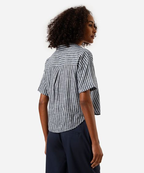 camisa feminina de algodão com bolsos listrada azul