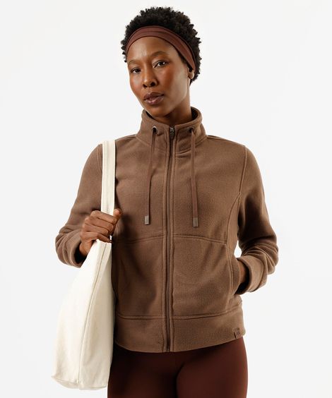 jaqueta feminina de fleece gola alta esportiva ace marrom