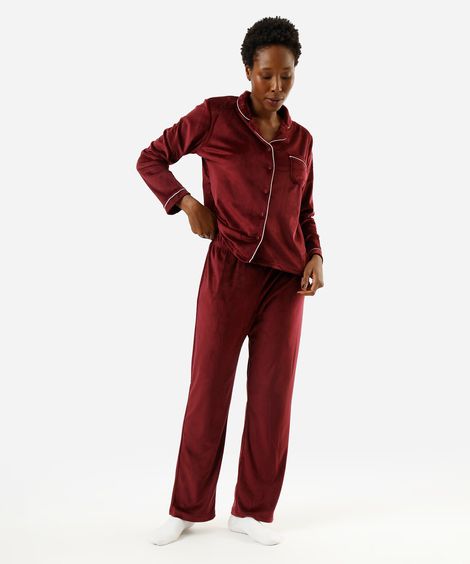 pijama americano longo de plush vinho