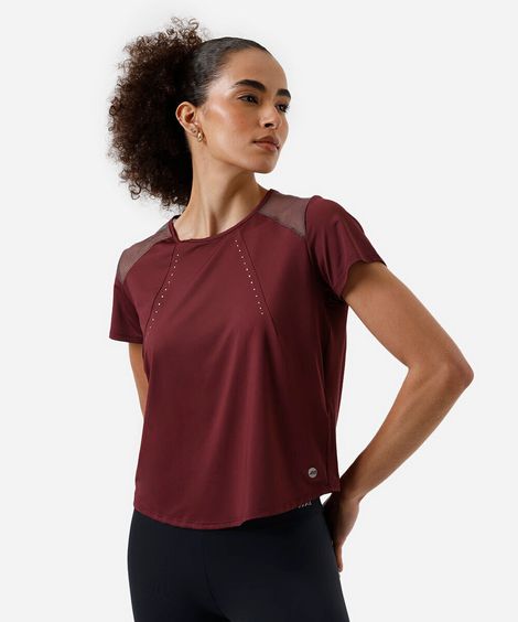 camiseta esportiva feminina com recorte em tule vinho