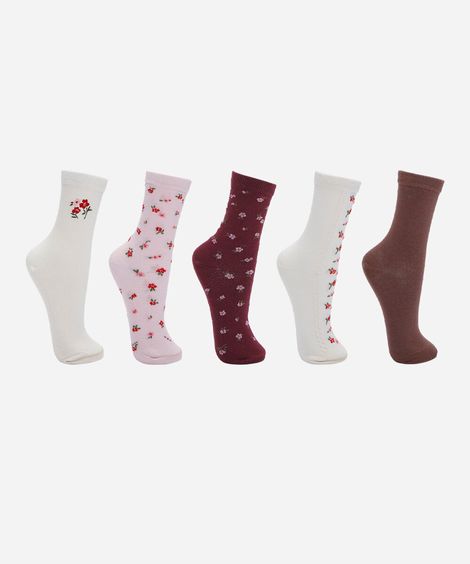 kit de 5 meias cano alto floral colorido