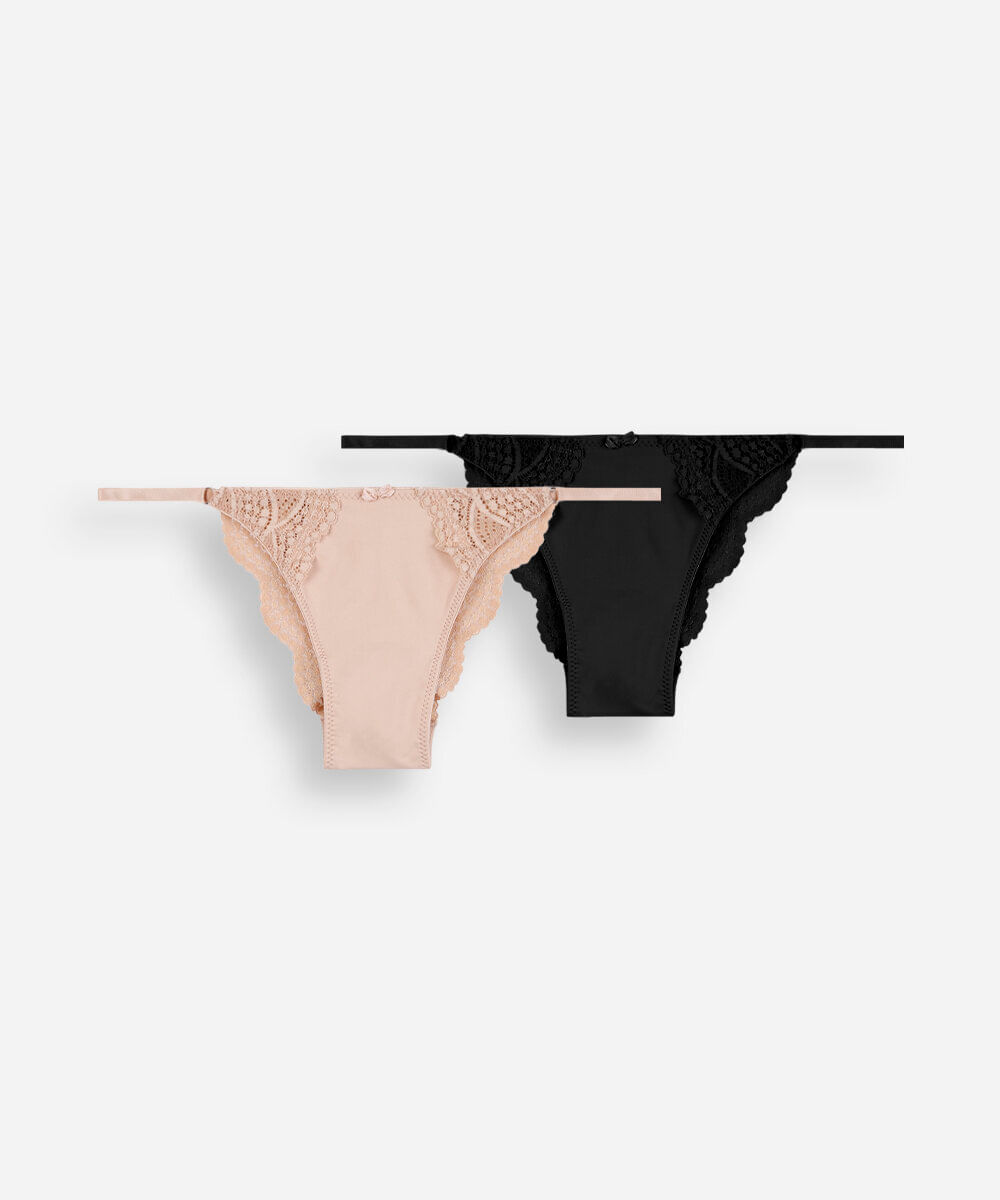 kit de 2 calcinhas string biquíni feminina com renda colorido