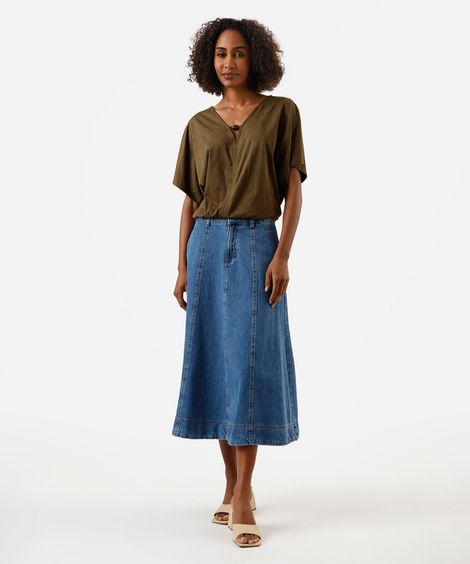 saia midi feminina jeans com recortes cintura alta azul