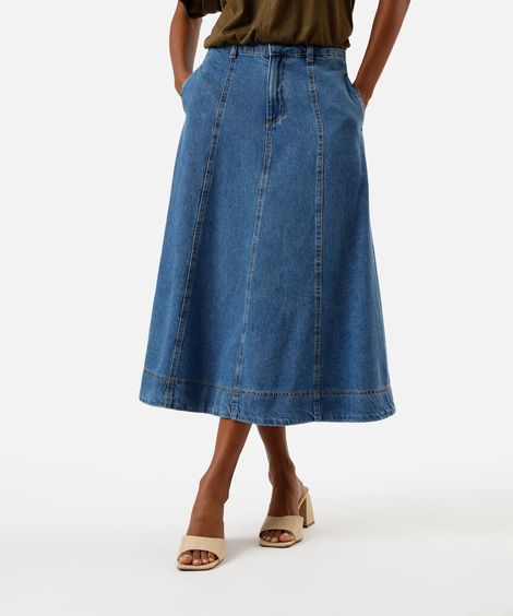 saia midi feminina jeans com recortes cintura alta azul