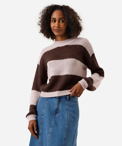 suéter feminino de tricot com lã listrado marrom
